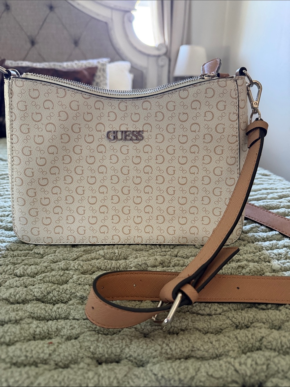 GUESS Cream Logo Crossbody with Tan Adjustable Strap